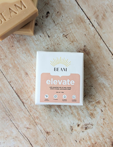 BEAM natural body care Elevate natural soap in packaging in a board.